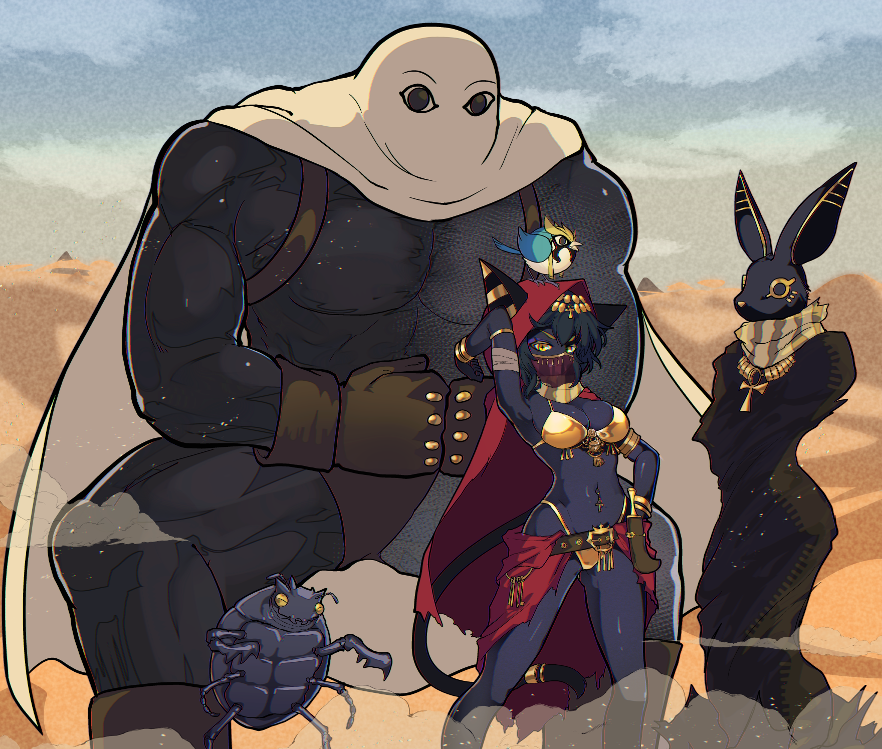 ryuu tou, original, highres, 1boy, 1girl, 1other, ambiguous gender, ancient egyptian, animal ears, ankh, arm up, armlet, belt, black skin, bracelet, brown gloves, cat ears, cat tail, cloak, colored skin, desert, egypt, gloves, gold, hood, hooded cloak, jewelry, mouth veil, muscular, muscular male, rabbit ears, red cloak, scarab, scarf, size difference, standing, tail, veil