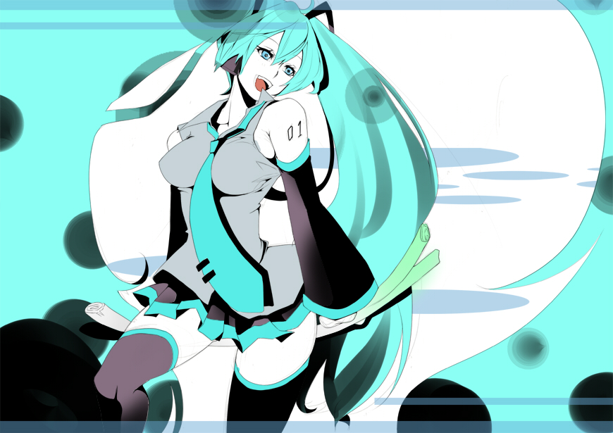 akishima kei, mayotome, hatsune miku, vocaloid, bad id, bad pixiv id, green eyes, green hair, long hair, necktie, solo, spring onion, thighhighs, very long hair