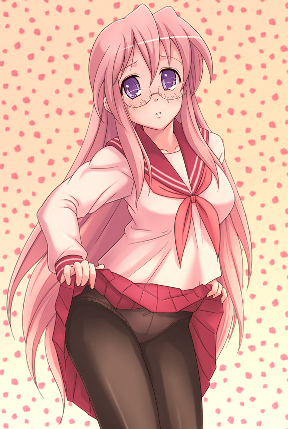 e20, takara miyuki, lucky star, 00s, 1girl, clothes lift, crotch seam, female focus, glasses, panties, panties under pantyhose, pantyhose, pink hair, purple eyes, school uniform, serafuku, skirt, skirt lift, solo, underwear, upskirt