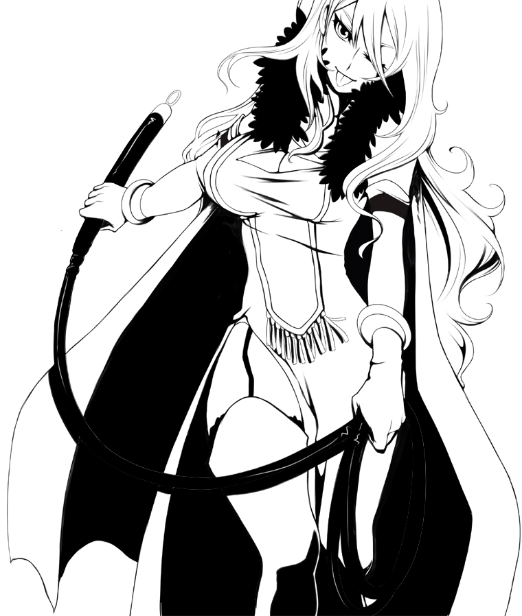 akishima kei, mayotome, 1girl, breasts, cape, cleavage, cleavage cutout, clothing cutout, elbow gloves, female focus, gloves, greyscale, long hair, monochrome, one eye closed, solo, tongue, whip, wink
