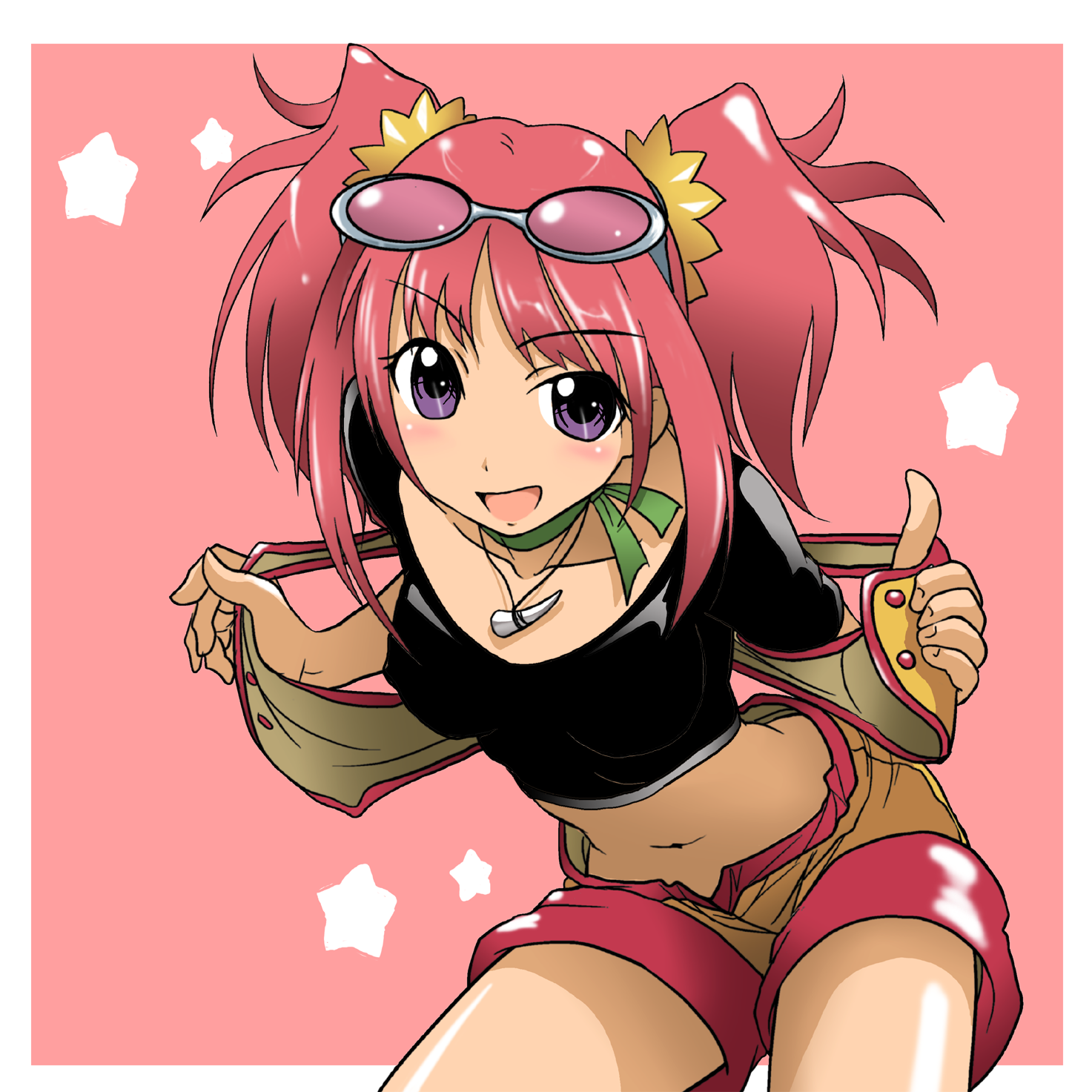takaya n, tatsuno malm, climax entertainment, dinosaur king, sega, highres, 00s, 1girl, female focus, glasses, pink hair, purple eyes, solo, twintails