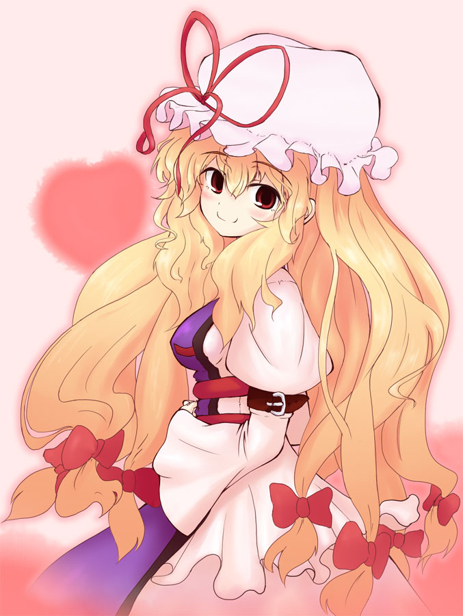 pilky, yakumo yukari, touhou, bad id, bad pixiv id, 1girl, blonde hair, blush, bow, breasts, dress, female focus, hair bow, hat, heart, long hair, multiple hair bows, ribbon, smile, solo