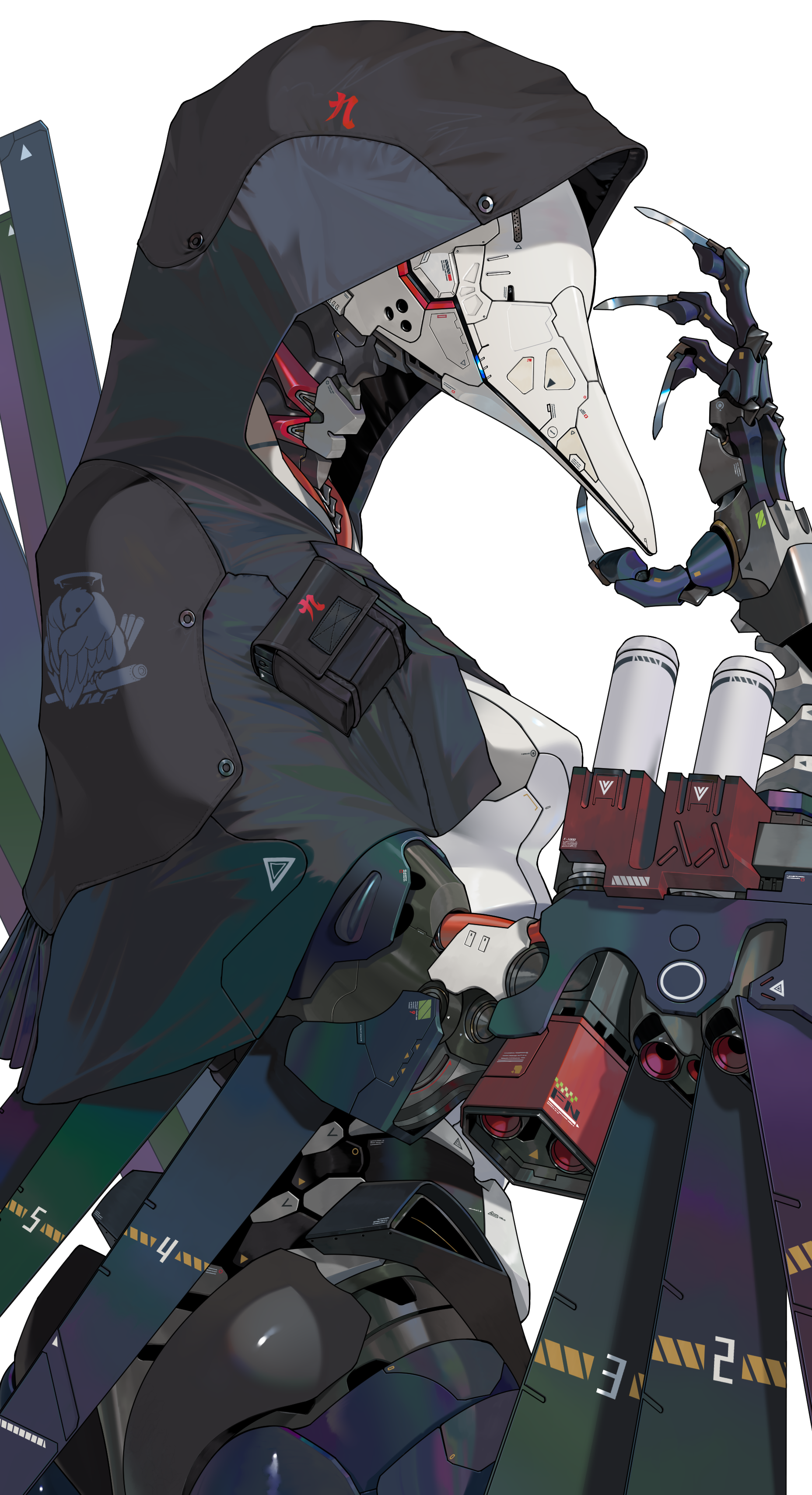 yunimaru, original, absurdres, highres, 1girl, android, capelet, claws, fewer digits, hood, hood up, hooded capelet, joints, robot joints, science fiction, solo, white background