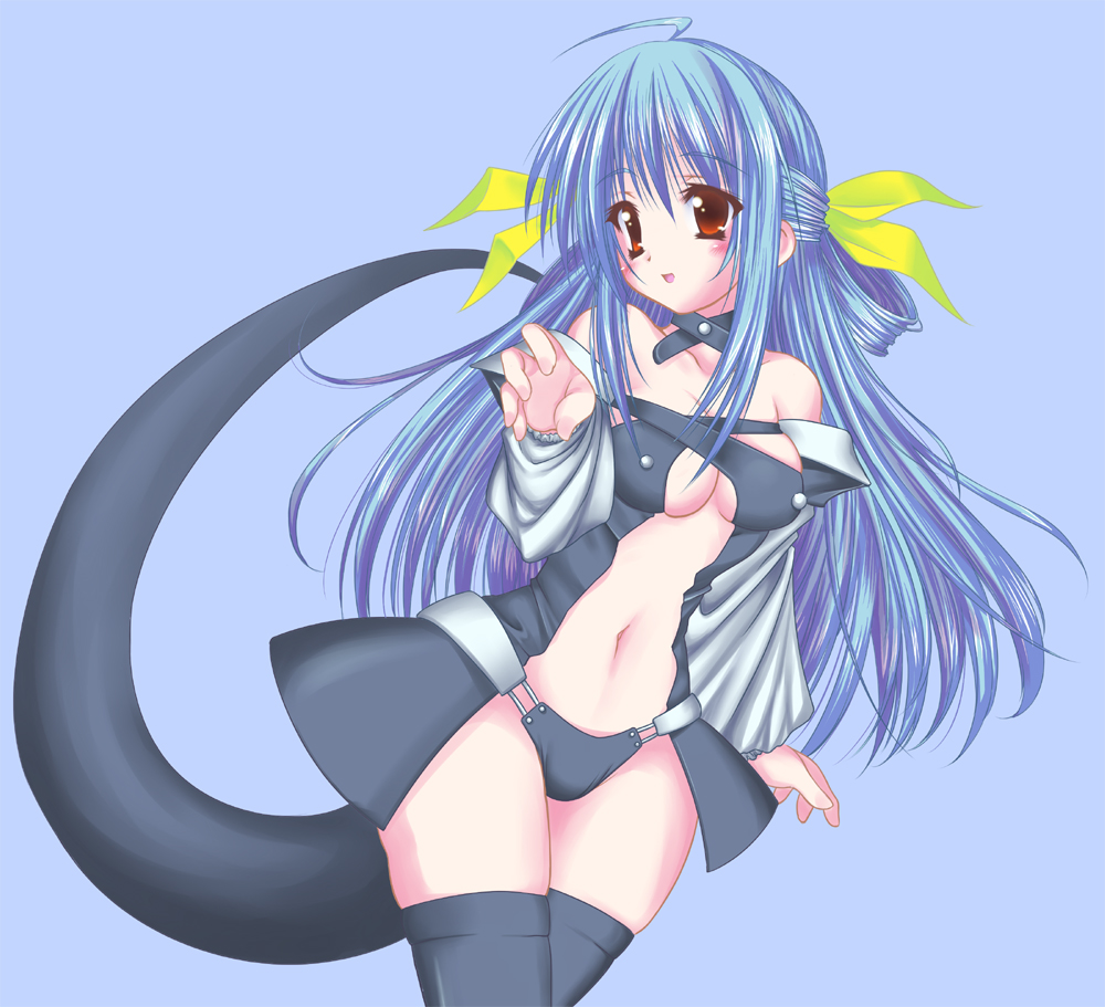 fukusha chou, dizzy (guilty gear), arc system works, guilty gear, 1girl, ahoge, black thighhighs, blue hair, blush, breasts, choker, curvy, female focus, hair ribbon, hip focus, long hair, medium breasts, midriff, red eyes, ribbon, simple background, smile, solo, tail, thighhighs, underboob, wide hips