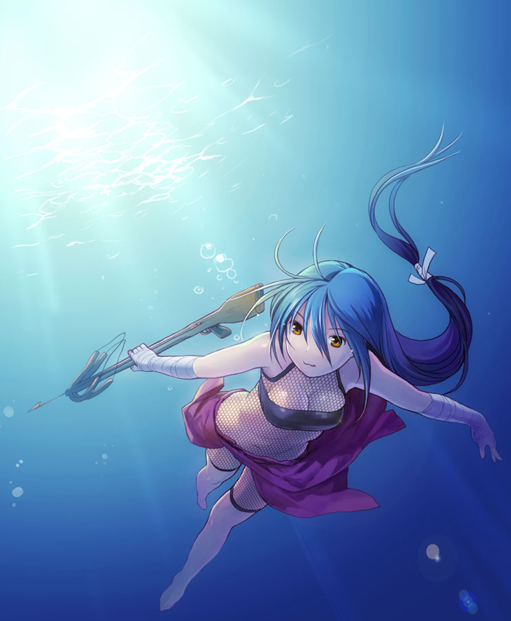 nekomata naomi, golden lore, bandages, barefoot, blue hair, bodystocking, bow (weapon), crossbow, diving, fishnet bodystocking, fishnets, freediving, long hair, ninja, orange eyes, solo, swimming, underwater, weapon, yellow eyes