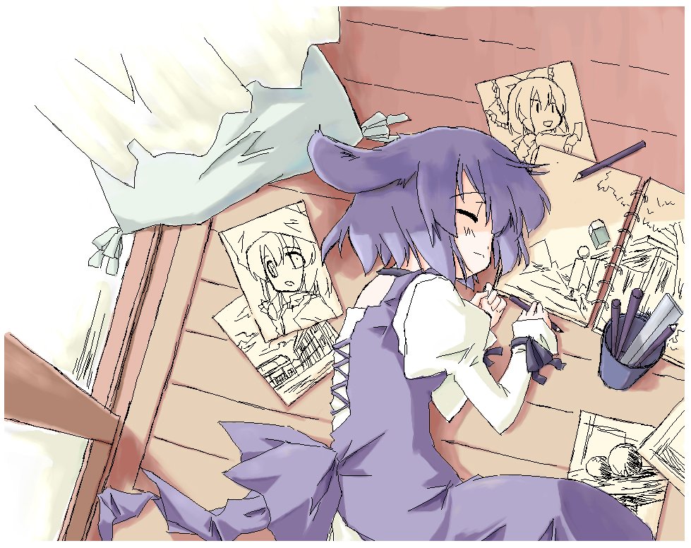 sakuraba yuuki, hakurei reimu, kirisame marisa, original, touhou, drawing, 1girl, blue hair, closed eyes, dress, female focus, fetal position, floor, foreshortening, from above, lying, oekaki, partially colored, pillow, shouji, sketch, sketchbook, sleeping, sliding doors, solo