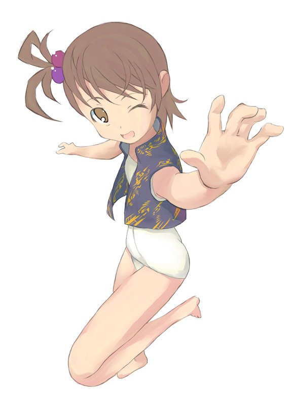 kusobaka, futami ami, idolmaster, idolmaster (classic), idolmaster 1, bad id, bad pixiv id, 00s, barefoot, brown eyes, brown hair, foreshortening, hair bobbles, hair ornament, one-piece swimsuit, one eye closed, school swimsuit, solo, swimsuit, vest, wink