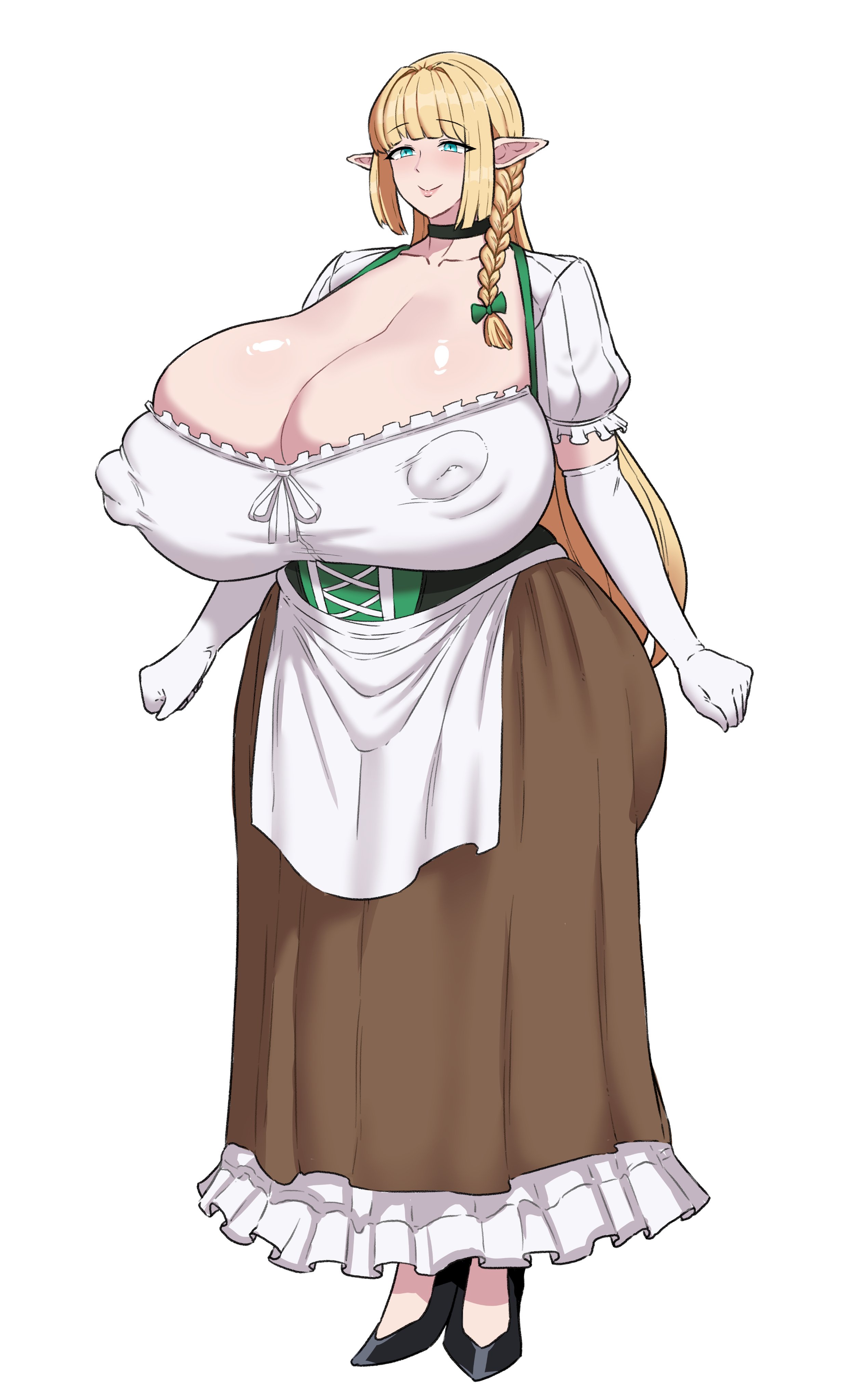 corinna21210534, original, 1girl, apron, black choker, black shoes, blonde hair, blouse, blue eyes, bow, braid, breasts, brown skirt, choker, cleavage, corset, covered erect nipples, dirndl, elbow gloves, elf, frilled skirt, frills, german clothes, gigantic breasts, gloves, green bow, hair bow, hair over shoulder, high heels, huge breasts, lips, long hair, mature female, plump, pointy ears, shirt, shoes, side braid, skirt, smile, solo, standing, white background, white gloves, wide hips