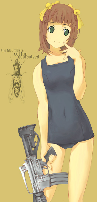 kusobaka, amami haruka, idolmaster, idolmaster (classic), idolmaster 1, bad id, bad pixiv id, long image, tall image, 00s, assault rifle, brown hair, green eyes, gun, m4 carbine, one-piece swimsuit, ribbon, rifle, school swimsuit, solo, swimsuit, weapon