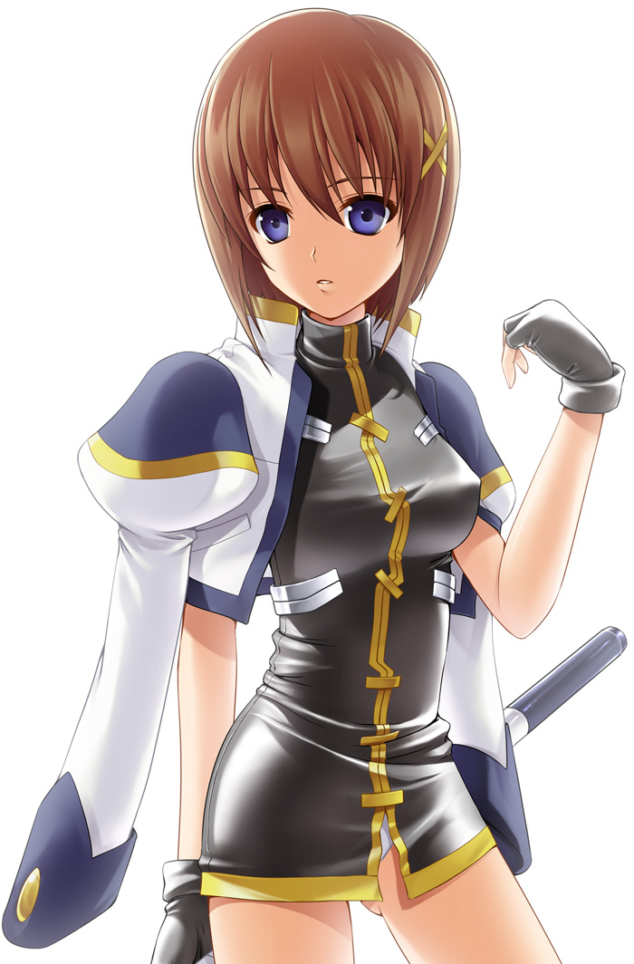40010prototype, yagami hayate, lyrical nanoha, mahou shoujo lyrical nanoha strikers, 00s, 1girl, blue eyes, brown hair, female focus, gloves, hair ornament, short hair, solo, x hair ornament