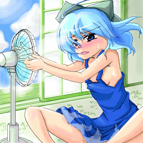 kurinton, cirno, touhou, lowres, 1girl, blue eyes, blue hair, bow, dress, electric fan, fanning face, fanning self, female focus, hot, matching hair/eyes, oekaki, sitting, sliding doors, solo, sundress