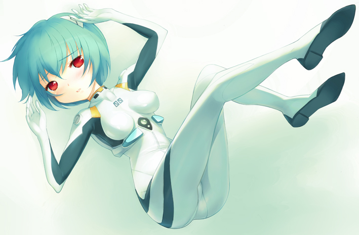kahama youko, ayanami rei, neon genesis evangelion, bad id, bad pixiv id, blue hair, interface headset (evangelion), mecha pilot suit, plugsuit (evangelion), red eyes, short hair, solo
