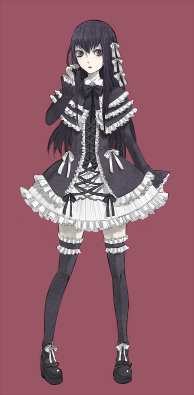 ind, yuuki kei, moyashimon, 1boy, black hair, crossdressing, crossdressing (mtf), dress, elbow gloves, gloves, goth fashion, gothic lolita, lolita fashion, long hair, male focus, pale skin, ribbon, skirt, solo, thighhighs, trap, zettai ryouiki