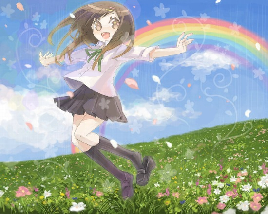 inase, bad id, bad pixiv id, brown eyes, brown hair, cloud, day, flower, happy, long hair, petals, rainbow, school uniform, serafuku, shoe dangle, skirt, sky, solo