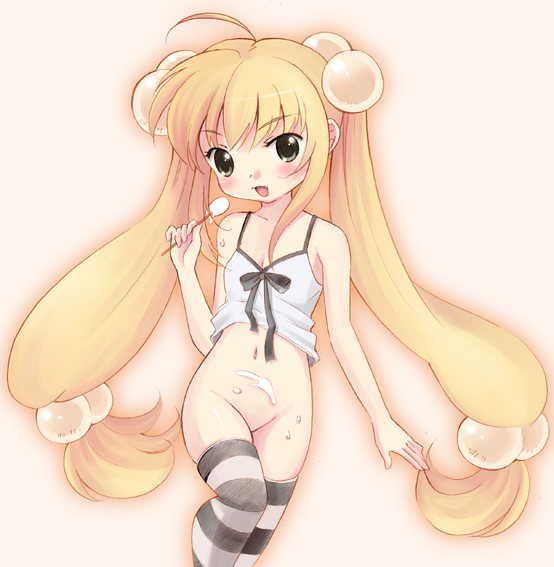 kahama youko, kokonoe rin, kodomo no jikan, bad id, bad pixiv id, 00s, 1girl, blonde hair, blush, camisole, female focus, flat chest, food, hair bobbles, hair ornament, loli, long hair, no panties, popsicle, simple background, solo, striped clothes, striped thighhighs, thighhighs, twintails