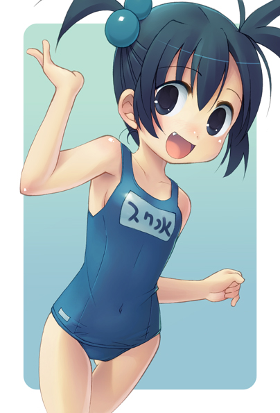 kahama youko, original, bad id, bad pixiv id, 1girl, armpits, black eyes, black hair, fang, female focus, flat chest, happy, name tag, one-piece swimsuit, school swimsuit, short hair, solo, swimsuit, thigh gap, thighs