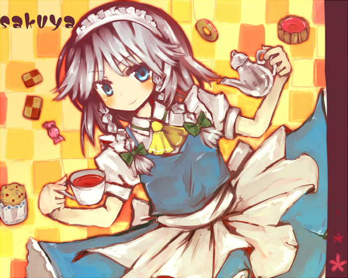sakusakumonoka, izayoi sakuya, touhou, silver hair, bad id, bad pixiv id, 1girl, blue eyes, braid, character name, checkerboard cookie, cookie, female focus, food, maid, short hair, solo, tea, teapot, twin braids