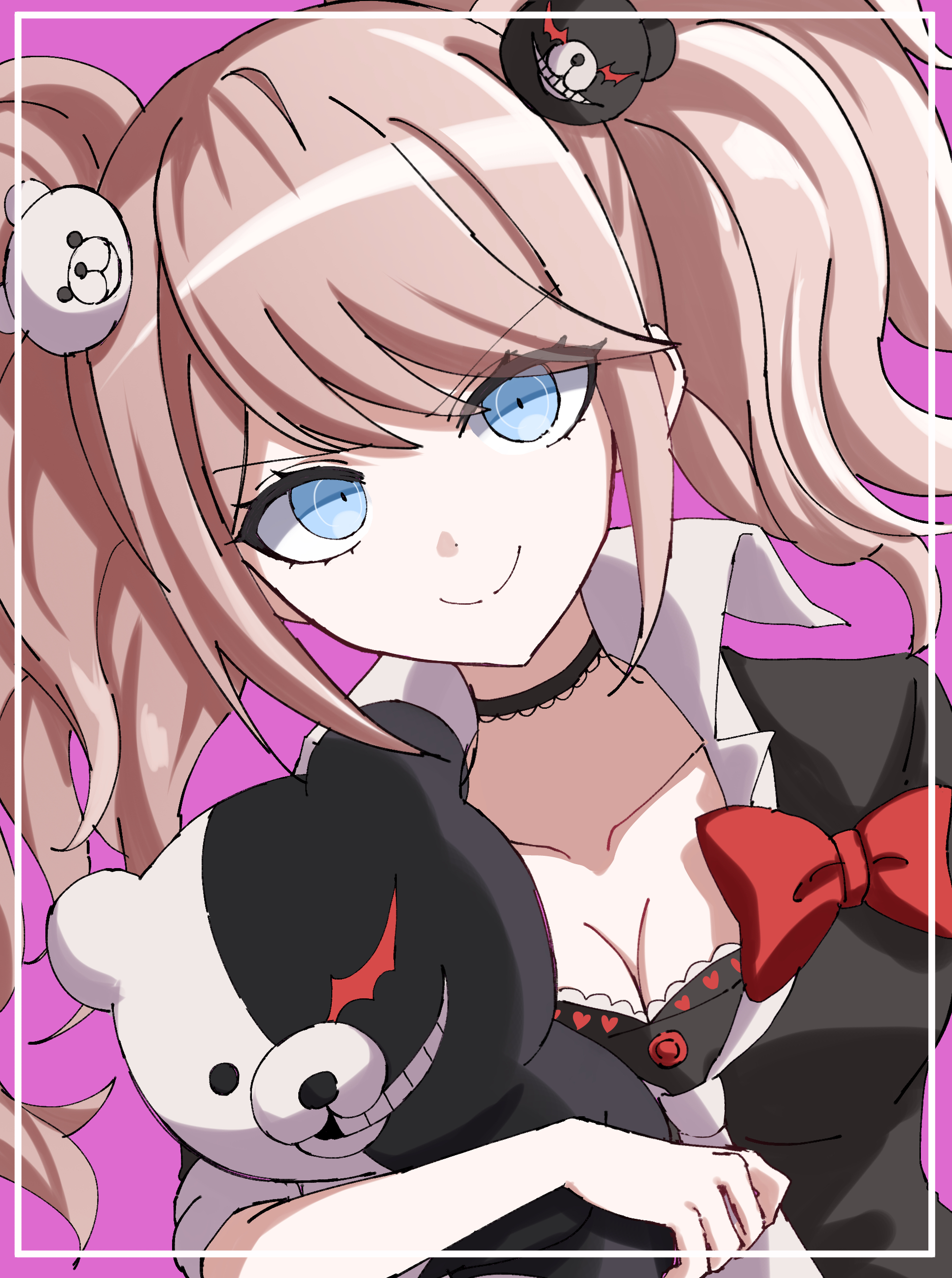 rishaku (user cuwx8758), enoshima junko, monokuma, danganronpa: trigger happy havoc, danganronpa (series), absurdres, highres, 1girl, bear hair ornament, big hair, black shirt, blonde hair, blue eyes, bow, breasts, cleavage, collarbone, hair ornament, large breasts, long hair, looking at viewer, nail polish, necktie, pink background, red bow, shirt, shirt bow, skirt, smile, twintails, white necktie