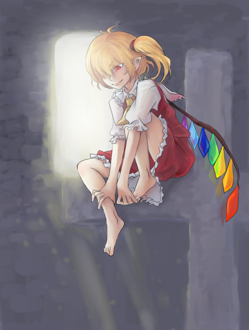 bai lao shu, flandre scarlet, touhou, bad id, bad pixiv id, 1girl, barefoot, blonde hair, feet, female focus, hat, red eyes, ribbon, solo, wings