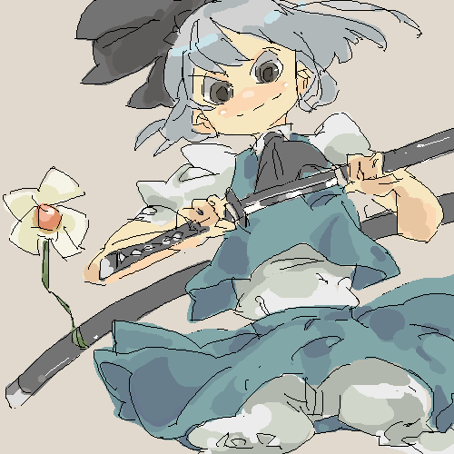 fgz, konpaku youmu, touhou, silver hair, lowres, 1girl, female focus, katana, oekaki, plant, ribbon, school uniform, serafuku, sheath, simple background, skirt, solo, sword, underwear, unsheathing, weapon