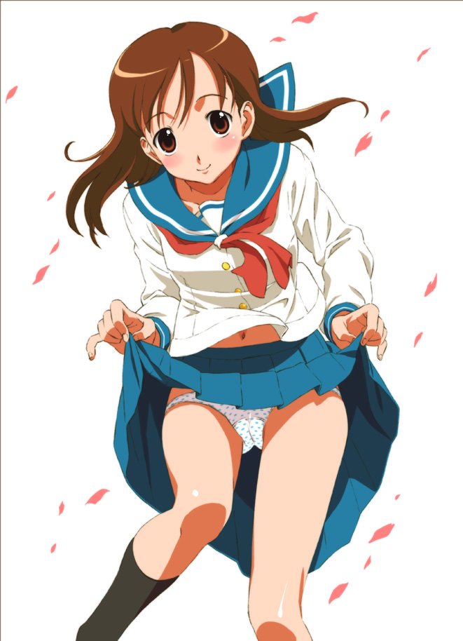 makinon tm, original, blush, brown eyes, brown hair, clothes lift, long hair, panties, petals, school uniform, serafuku, skirt, skirt lift, smile, solo, underwear