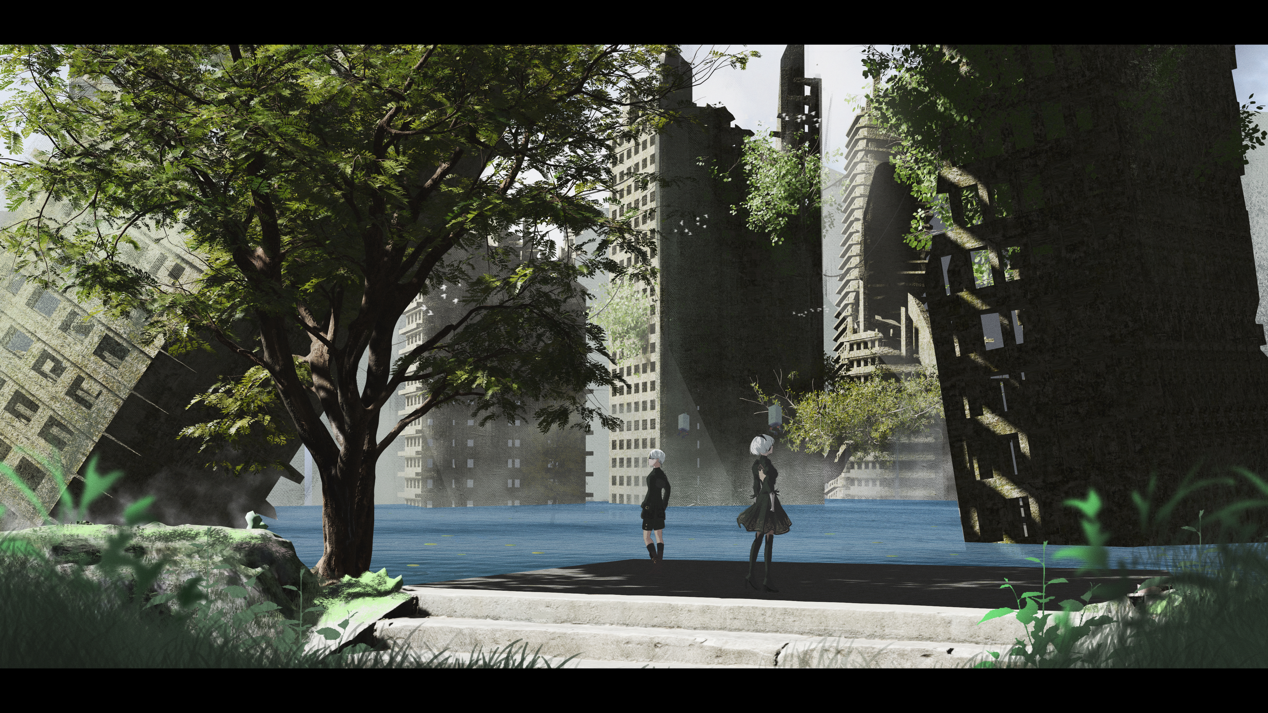 reiartdayo, 2b (nier:automata), 9s (nier:automata), pod (nier:automata), nier:automata, nier (series), absurdres, commentary request, highres, 1boy, 1girl, black boots, black dress, black jacket, black shorts, blurry, blurry foreground, boots, building, day, dress, grass, grey hair, jacket, letterboxed, long sleeves, outdoors, overgrown, post-apocalypse, ruins, short hair, shorts, standing, thigh boots, tree, water, wide shot