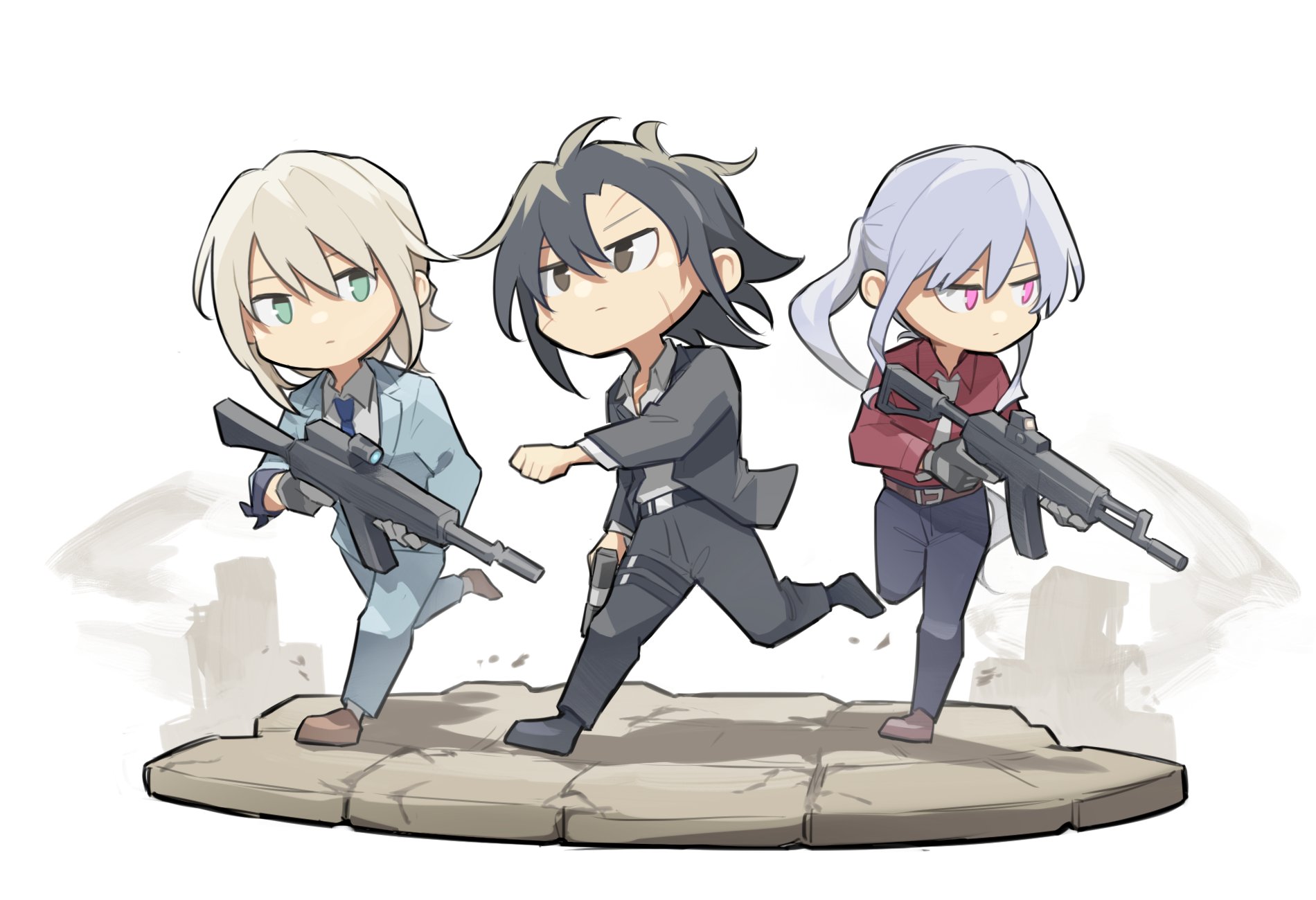 xinhao, ak-12 (girls' frontline), ak-12 (lucia) (girls' frontline), an-94 (girls' frontline), angelia (girls' frontline), defy (girls' frontline), girls' frontline, highres, 3girls, ak-12, an-94, artificial eye, assault rifle, black suit, blue suit, business suit, formal clothes, grey hair, gun, holding, jacket, kalashnikov rifle, magazine (weapon), multiple girls, necktie, pant suit, pants, rifle, shirt, short hair, suit, suit jacket, unusually open eyes, weapon