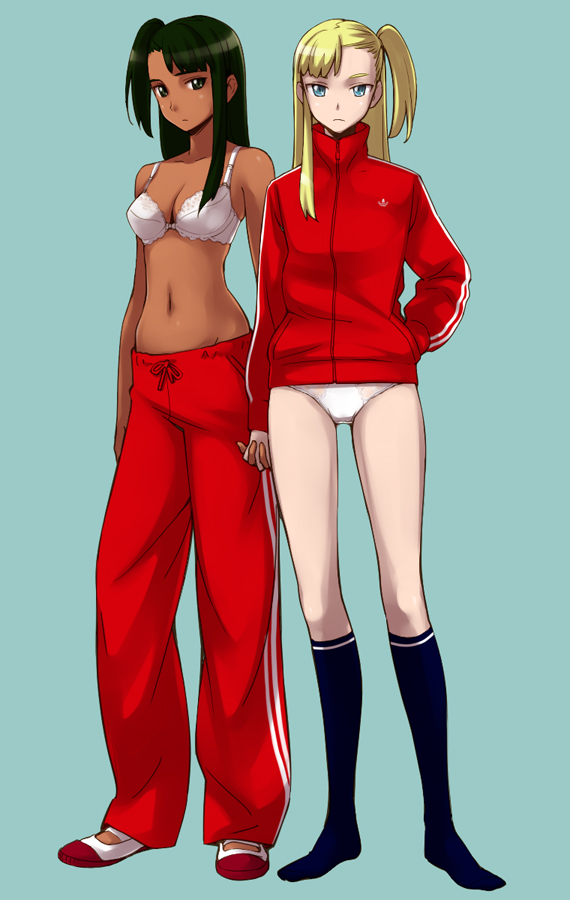 yurikawa, blue legwear, 2girls, black hair, blonde hair, blue eyes, bra, breasts, brown eyes, cleavage, clothing reverse, dark-skinned female, dark skin, gym uniform, holding hands, jacket, kneehighs, lingerie, medium breasts, multiple girls, no panties, no pants, no shirt, no shoes, no socks, one side up, panties, pants, shoes, side ponytail, simple background, socks, track jacket, track pants, underwear, uwabaki