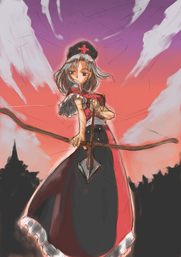 yohane, yagokoro eirin, touhou, 1girl, aiming, aiming at viewer, blue eyes, bow (weapon), cloud, female focus, hat, outdoors, plant, sky, solo, standing, tree, weapon