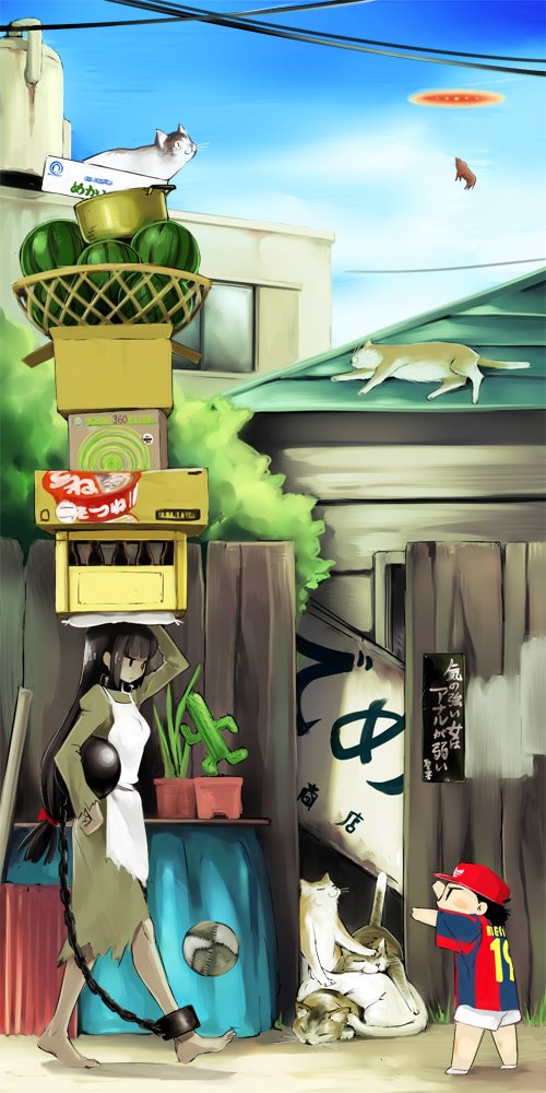yurikawa, dorei, sabotender, final fantasy, futaba channel, nijiura maids, long image, tall image, translated, 1boy, 1girl, abduction, american football, animal, animal on head, barefoot, cactus, cat, cat on head, chain, chainball, cloud, cuffs, food, fruit, long hair, low-tied long hair, maid, object on head, on head, outdoors, road, shackles, sky, street, text focus, ufo, watermelon, what