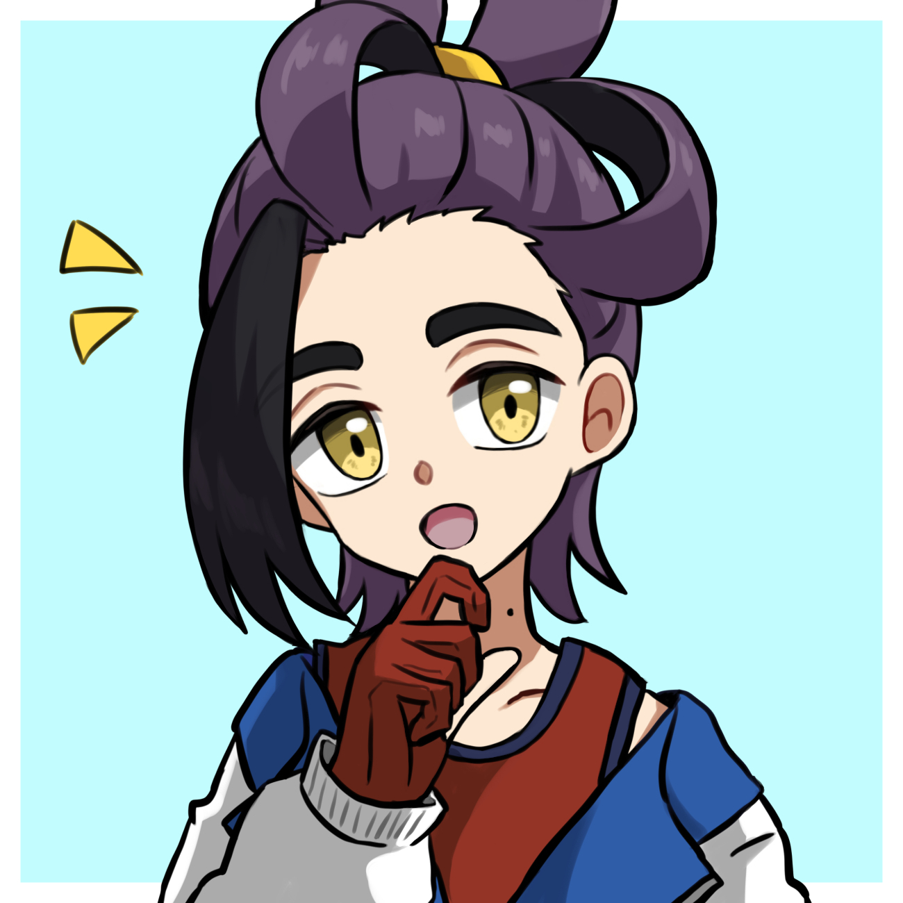 yyukisnow, kieran (pokemon), nintendo, pokemon, pokemon sv, commentary request, highres, 1boy, :d, black hair, blue background, border, collarbone, gloves, happy, jacket, long sleeves, looking at viewer, loose hair strand, male focus, multicolored hair, notice lines, open mouth, outside border, partially fingerless gloves, purple hair, red gloves, red shirt, shirt, sleeveless, sleeveless shirt, smile, solo, two-tone hair, upper body, white border, white jacket, yellow eyes