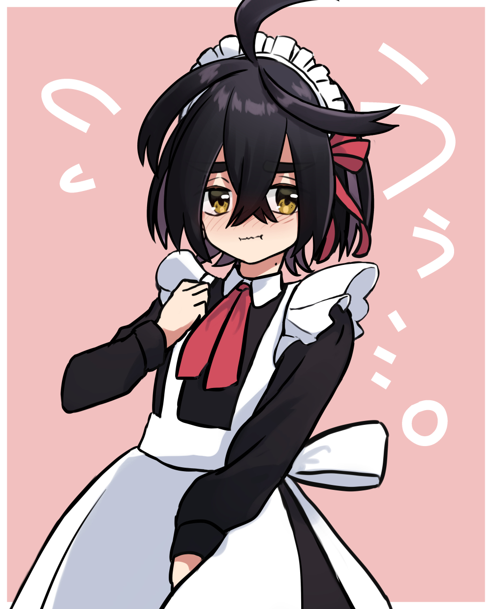yyukisnow, kieran (pokemon), nintendo, pokemon, pokemon sv, commentary request, highres, 1boy, :i, ahoge, alternate costume, apron, black dress, black hair, blush, closed mouth, collared dress, crossed bangs, dress, enmaided, hair between eyes, hair ribbon, hand up, long sleeves, looking at viewer, maid, maid headdress, male focus, mole, mole on neck, pink background, red ribbon, ribbon, solo, white apron, yellow eyes