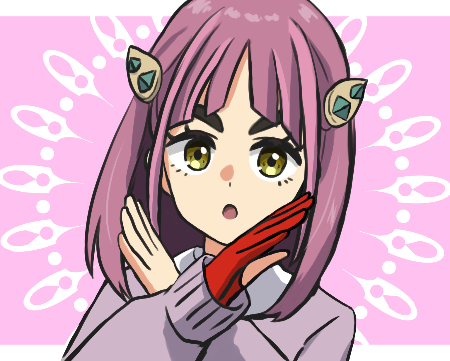 yyukisnow, lacey (pokemon), nintendo, pokemon, pokemon sv, commentary request, highres, 1girl, :o, cardigan, crossed wrists, eyelashes, gloves, hair ornament, hairclip, long hair, long sleeves, looking at viewer, open mouth, partially fingerless gloves, pink background, purple hair, red gloves, solo, upper body, yellow eyes