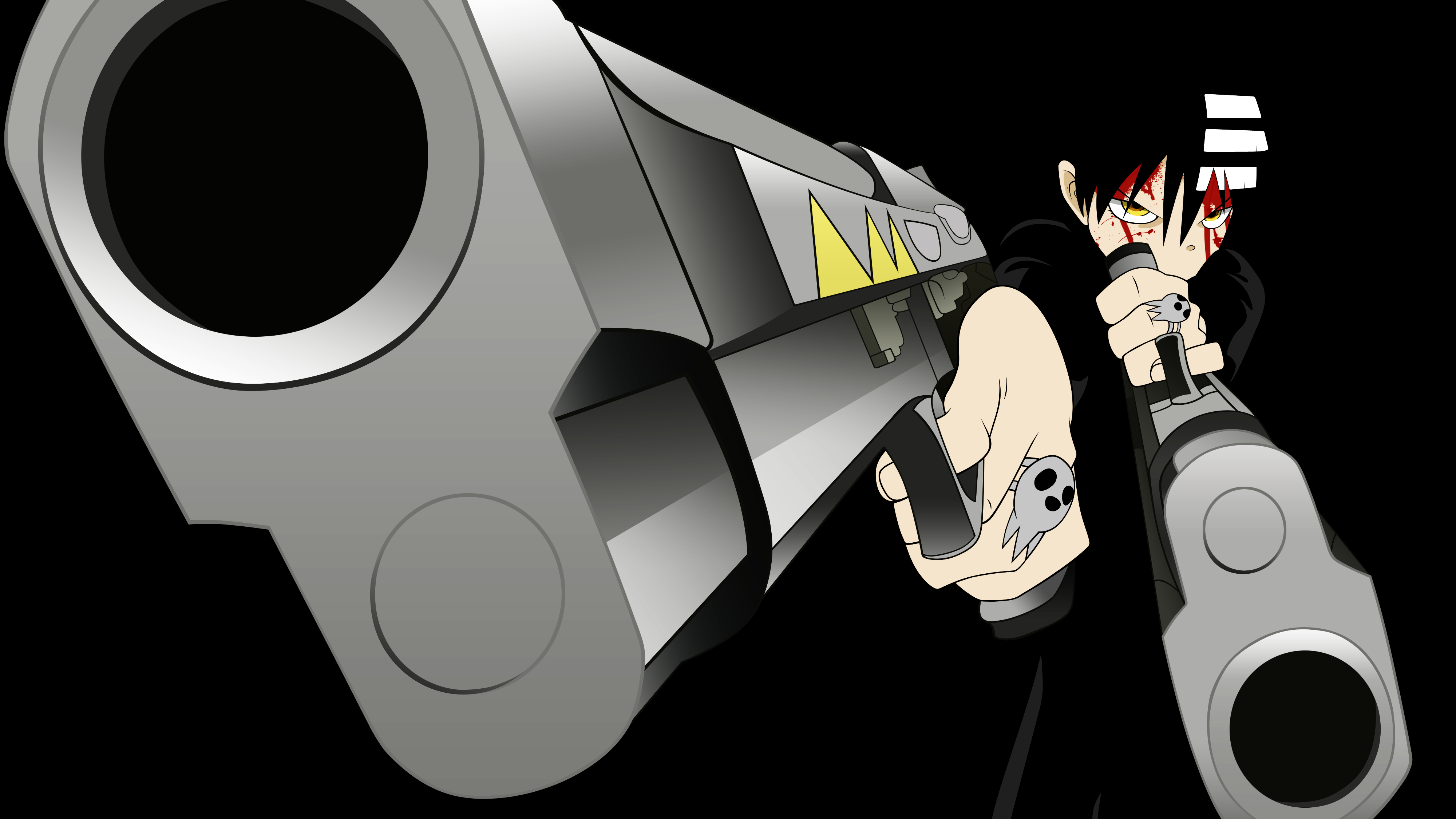 death the kid, soul eater, striped, absurdres, highres, long image, wide image, 00s, 1boy, angry, black background, black hair, blood, blood on face, dual wielding, fighting stance, foreshortening, gun, hair between eyes, handgun, holding, jewelry, looking at viewer, male focus, multicolored hair, pistol, ring, short hair, simple background, skull, solo, two-tone hair, weapon, white hair, yellow eyes