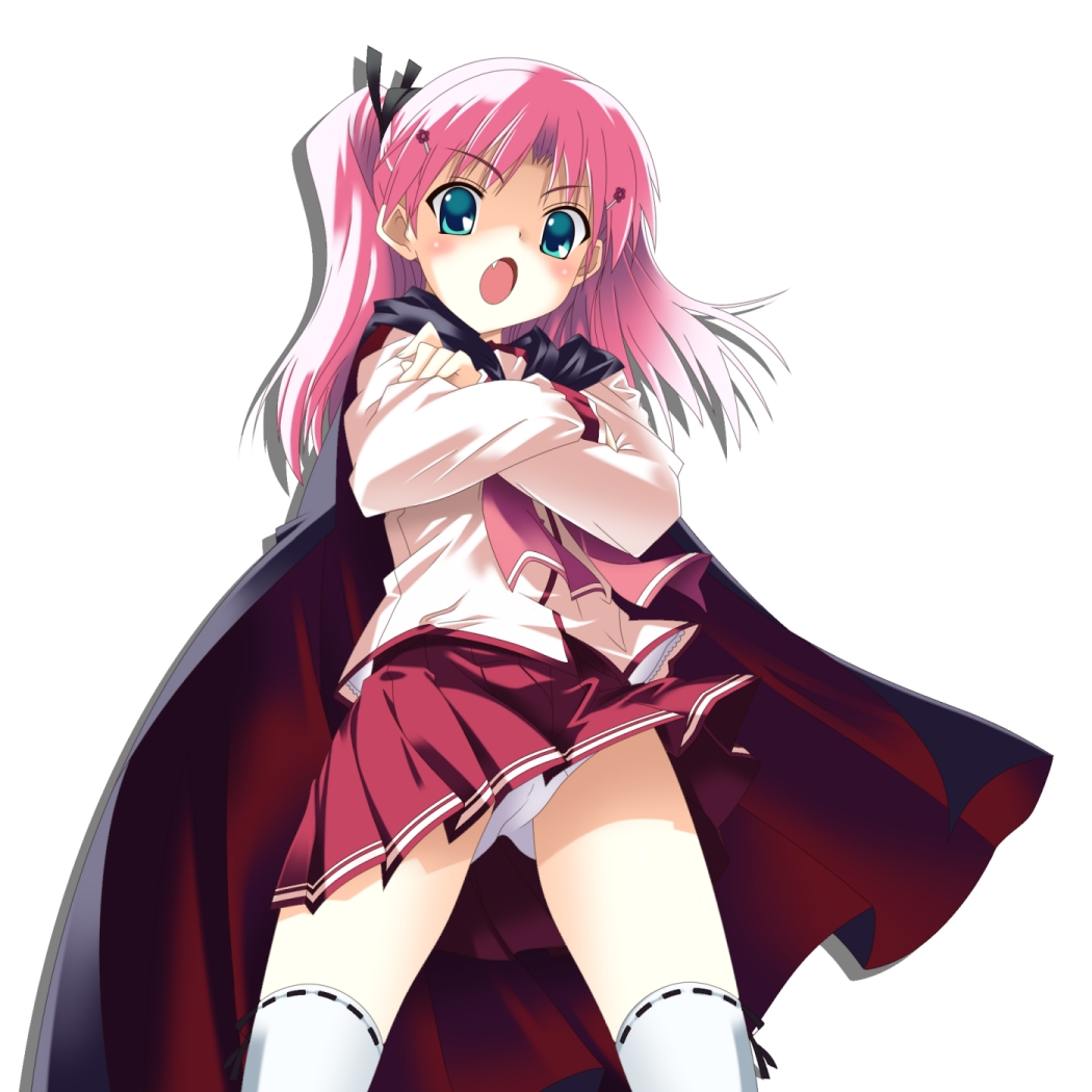 rindou (awoshakushi), maaryan (to heart), leaf (company), to heart, to heart (series), to heart 2, 00s, 1girl, cape, cowboy shot, fang, female focus, green eyes, panties, pantyshot, pink hair, school uniform, serafuku, simple background, solo, thighhighs, underwear, white background, white panties