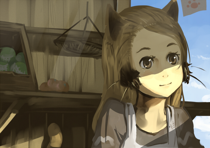 jitsu hidari, original, bad id, bad pixiv id, 1girl, animal ears, brown eyes, brown hair, cat ears, day, female focus, sky, solo, whiskers