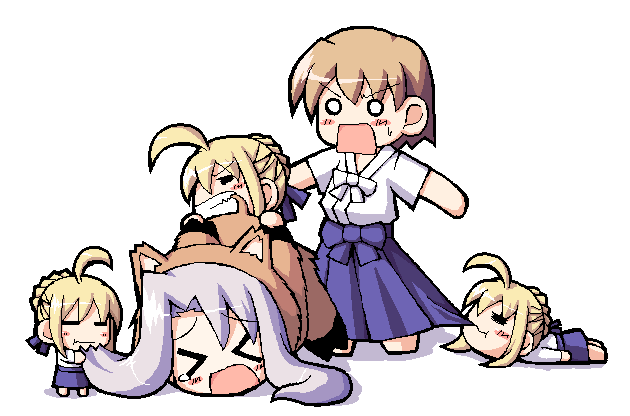 artoria pendragon (fate), illyasviel von einzbern, saber (fate), fate/stay night, fate (series), artoria pendragon (all), 00s, chibi