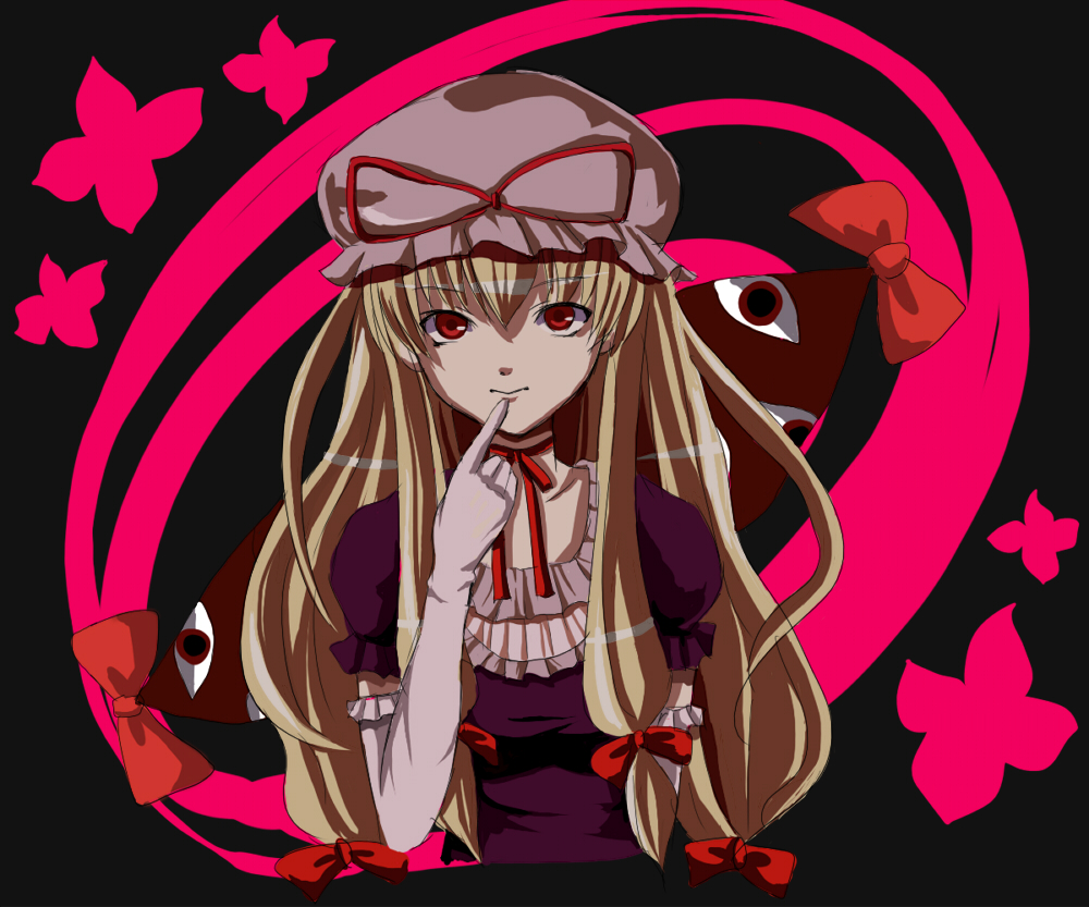 tetsuo (tashirosu), yakumo yukari, touhou, bad id, bad pixiv id, 1girl, blonde hair, bow, elbow gloves, female focus, gap (touhou), gloves, hat, red eyes, solo, upper body