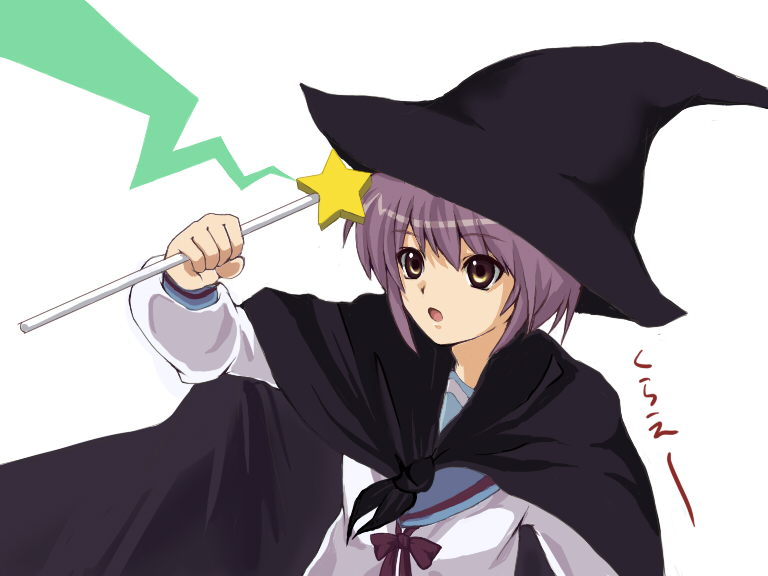tetsuo (tashirosu), nagato yuki, suzumiya haruhi no yuuutsu, bad id, bad pixiv id, 00s, brown eyes, cape, hat, purple hair, school uniform, serafuku, solo, wand, witch hat
