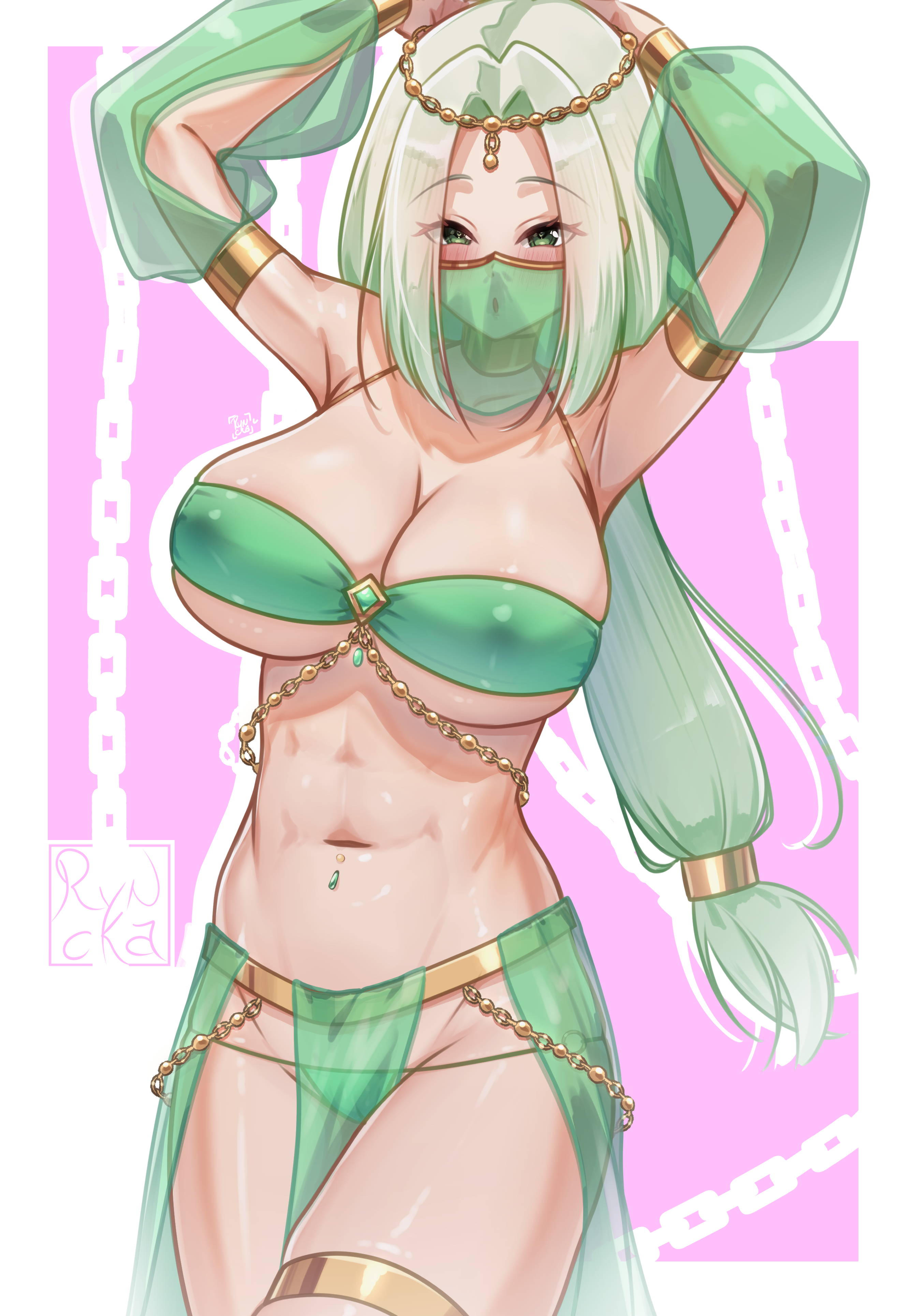 ryncka, pamila vol, indie virtual youtuber, 1girl, armlet, armpits, arms up, artist name, blush, breasts, cameltoe, covered erect nipples, cowboy shot, detached sleeves, eyelashes, female focus, green eyes, green hair, green loincloth, green sleeves, green tube top, green veil, harem outfit, jewelry, large breasts, loincloth, long hair, looking at viewer, mouth veil, navel, pink background, revealing clothes, simple background, solo, strapless, thighlet, tube top, two-tone background, veil, virtual youtuber, white background