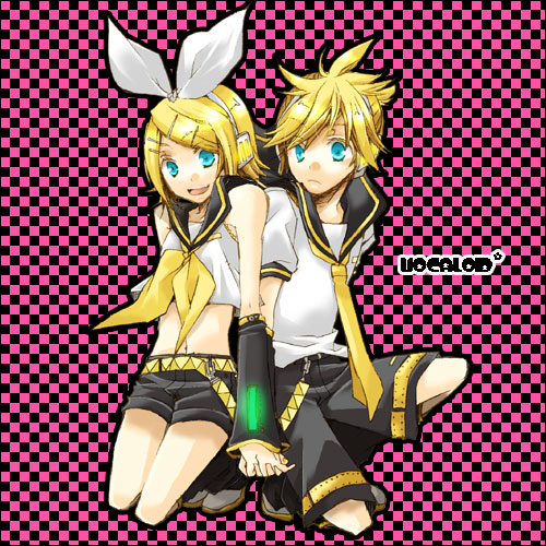 logicon, kagamine len, kagamine rin, vocaloid, lowres, 1boy, 1girl, blonde hair, blue eyes, brother and sister, hetero, holding hands, siblings, twins