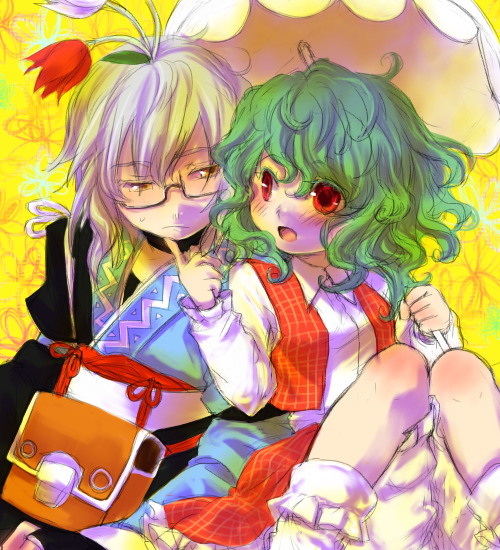ono mochiko, kazami yuuka, morichika rinnosuke, touhou, 1boy, 1girl, ascot, chibi, flower, flower on head, glasses, green hair, hetero, parasol, plaid clothes, plaid skirt, plaid vest, red eyes, short hair, sitting, skirt, skirt set, umbrella, vest