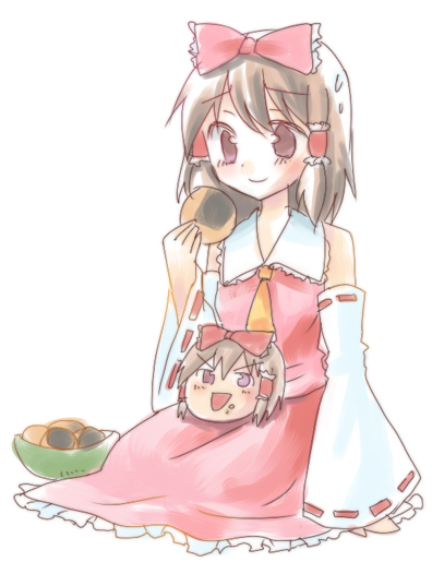 kuguri oimo, hakurei reimu, touhou, 1girl, :d, bow, bowl, closed mouth, detached sleeves, disembodied head, eating, female focus, food, hair bow, hair tubes, holding, long sleeves, open mouth, red bow, ribbon-trimmed sleeves, ribbon trim, seiza, senbei, sitting, sitting on lap, sitting on person, smile, solo, sweatdrop, yukkuri shiteitte ne