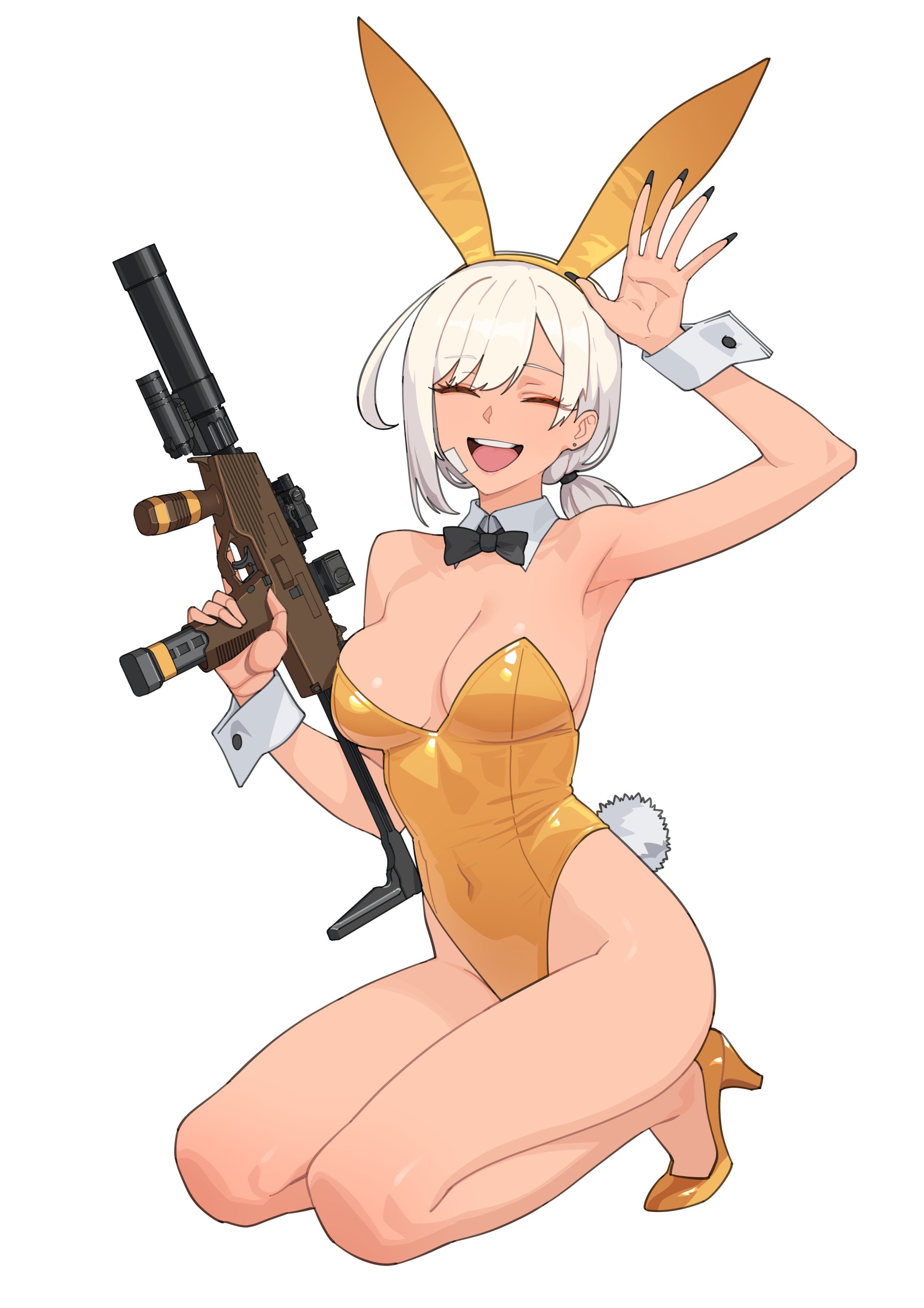 kuso otoko, original, absurdres, highres, 1girl, animal ears, b&t mp9, bandage on face, bandages, black bow, black bowtie, bow, bowtie, breasts, detached collar, fake animal ears, gun, high heels, holding, holding gun, holding weapon, large breasts, leotard, low ponytail, playboy bunny, ponytail, rabbit ears, rabbit tail, side ahoge, strapless, strapless leotard, submachine gun, suppressor, tail, weapon, white hair, wrist cuffs, yellow leotard