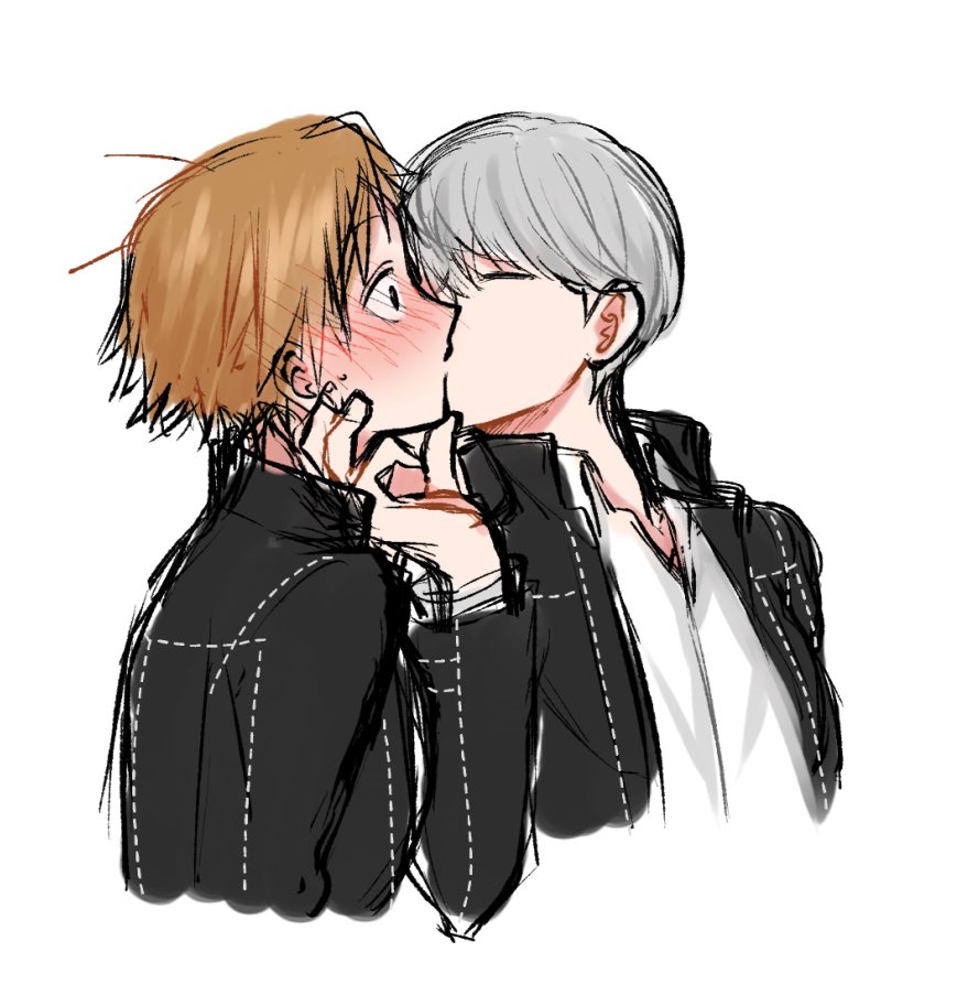 hanamura yousuke, narukami yu, persona, persona 4, commentary request, 2boys, black jacket, blush, brown hair, closed eyes, cropped torso, ebak k3, grey hair, hand on another's chin, jacket, kiss, long sleeves, male focus, multiple boys, school uniform, shirt, short hair, simple background, sketch, upper body, white background, white shirt, yaoi, yasogami school uniform