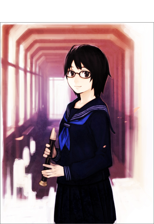 shiohara shin'ichi, black eyes, black hair, flute, glasses, holding flute, holding instrument, instrument, recorder, school uniform, serafuku, solo