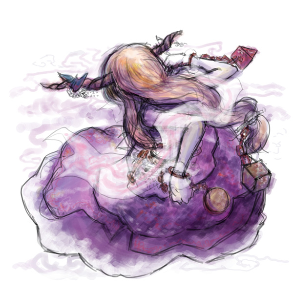 pe-tan, ibuki suika, touhou, 1girl, bracelet, brown hair, chain, female focus, gourd, horn ornament, horns, jewelry, layered skirt, long hair, long sleeves, purple skirt, simple background, skirt, solo, very long hair, white background