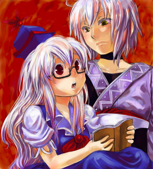 ono mochiko, kamishirasawa keine, morichika rinnosuke, touhou, silver hair, 1boy, 1girl, bespectacled, book, choker, couple, glasses, hat, hetero, red eyes, surprised, yellow eyes