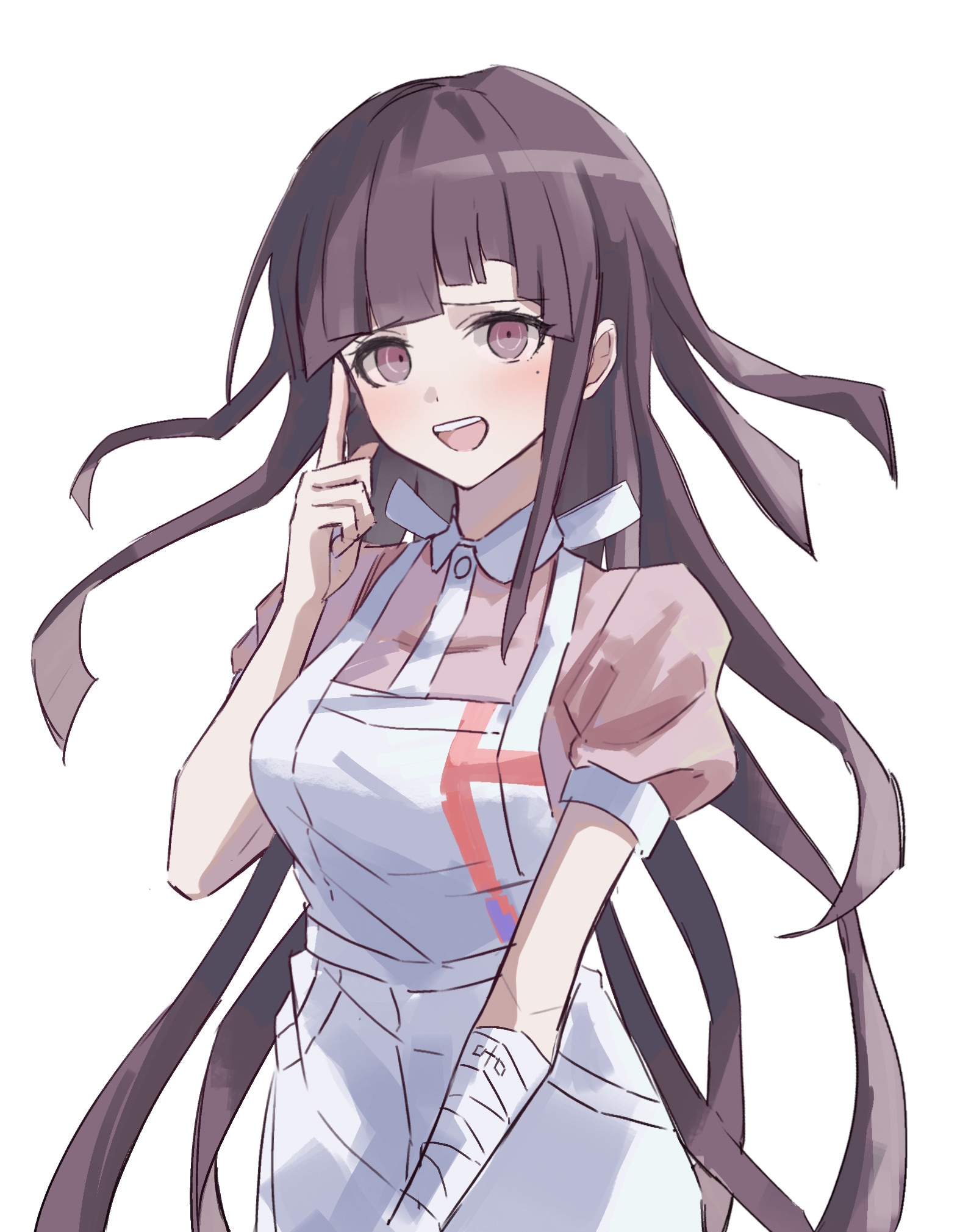 rishaku (user cuwx8758), tsumiki mikan, danganronpa (series), danganronpa 2: goodbye despair, highres, 1girl, :d, apron, bandaged arm, bandages, black hair, blush, collared shirt, contrast collar, hand up, index finger raised, long hair, mole, mole under eye, open mouth, pink shirt, shirt, simple background, smile, solo, teeth, two-tone shirt, upper teeth only, white apron, white background, white shirt