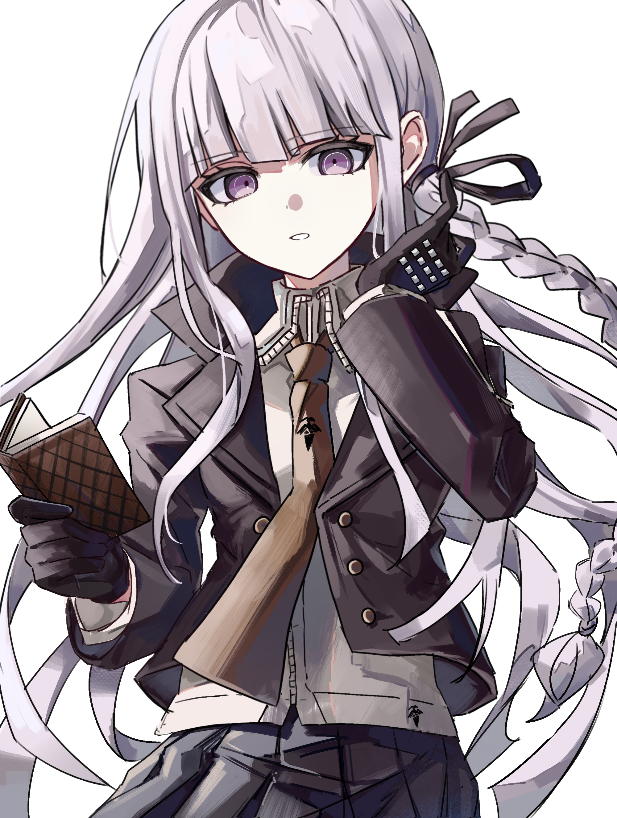 rishaku (user cuwx8758), kirigiri kyoko, danganronpa: trigger happy havoc, danganronpa (series), absurdres, commentary, highres, 1girl, black gloves, black ribbon, book, braid, collared shirt, gloves, grey hair, hair ribbon, holding, holding book, jacket, long hair, long sleeves, looking at viewer, necktie, open book, open clothes, open jacket, pink eyes, ribbon, shirt, side braid, simple background, skirt, smile, solo, white background, white shirt